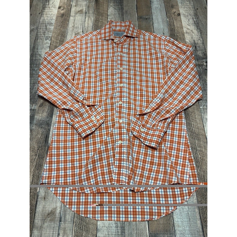 Ledbury Dress Shirt Mens 15.5 Orange Blue Plaid Check Button Front Cotton Luxury